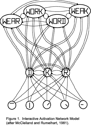 Figure 1.  Interactive Activation Network Model (after McClelland and Rumelhart, 1981).